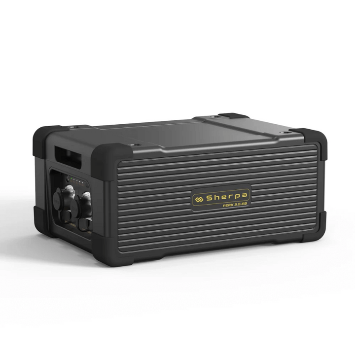 Rear-angled view of the Sherpa Peak 3.0 Extra Battery highlighting power input ports and ventilation, on a white background.