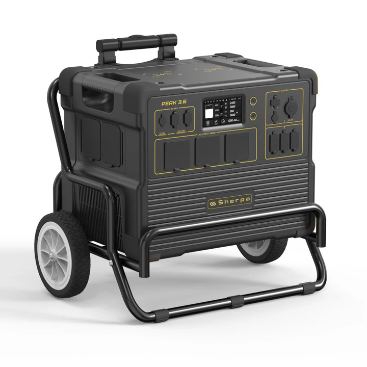 Sherpa PEAK 3.6 portable power station with handle and large wheels on a white background.