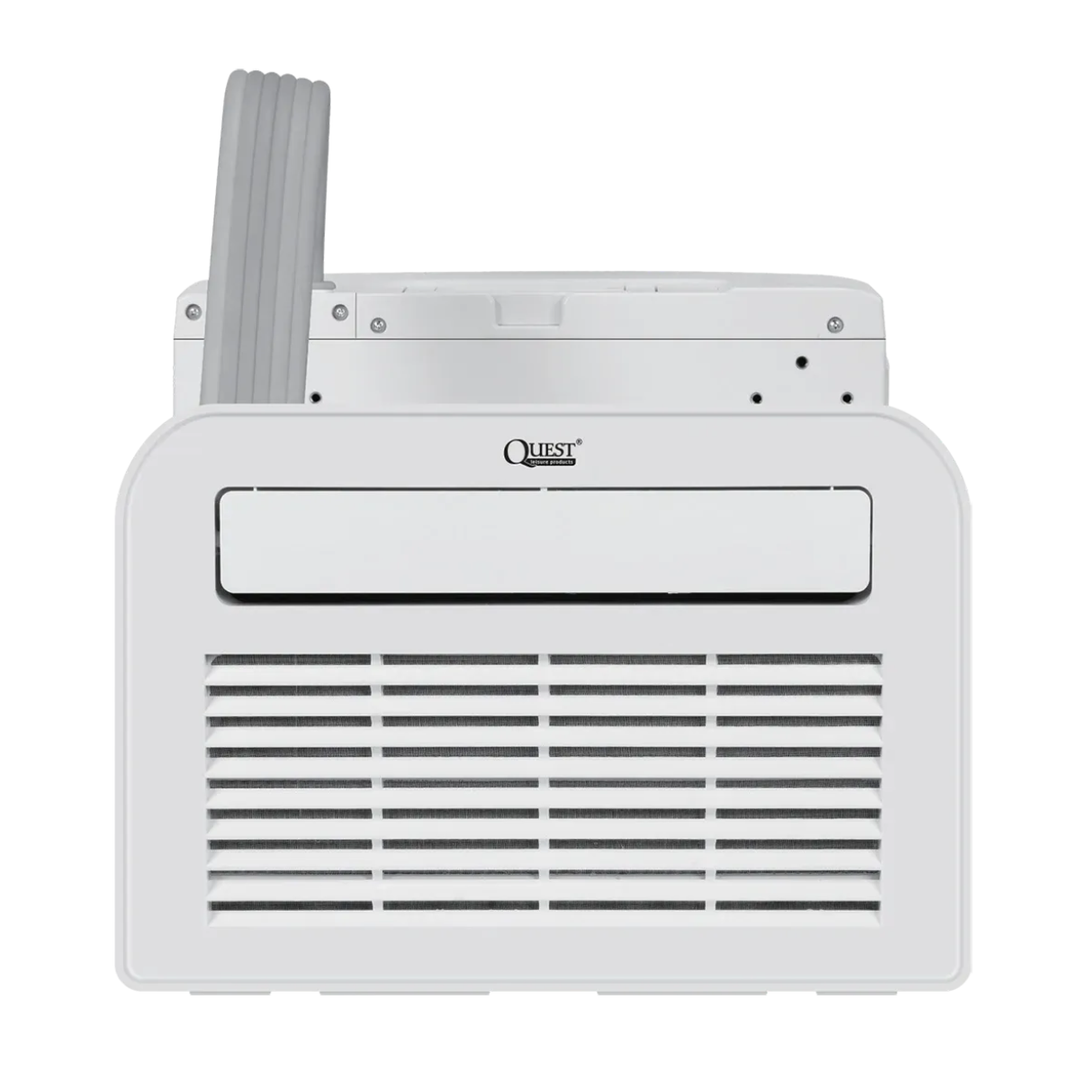 Front view of Quest Leisure Ice Chill Air Conditioning Unit with large black cooling grille and flexible exhaust hose on a plain white background.