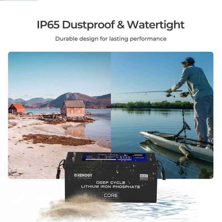 Renogy 24V 200Ah Core Series battery in a split-scene outdoor setting—sandy beach on the left and a man fishing from a kayak on the right. Showcases the battery’s IP65 rating for dust and water resistance in rugged environments.
