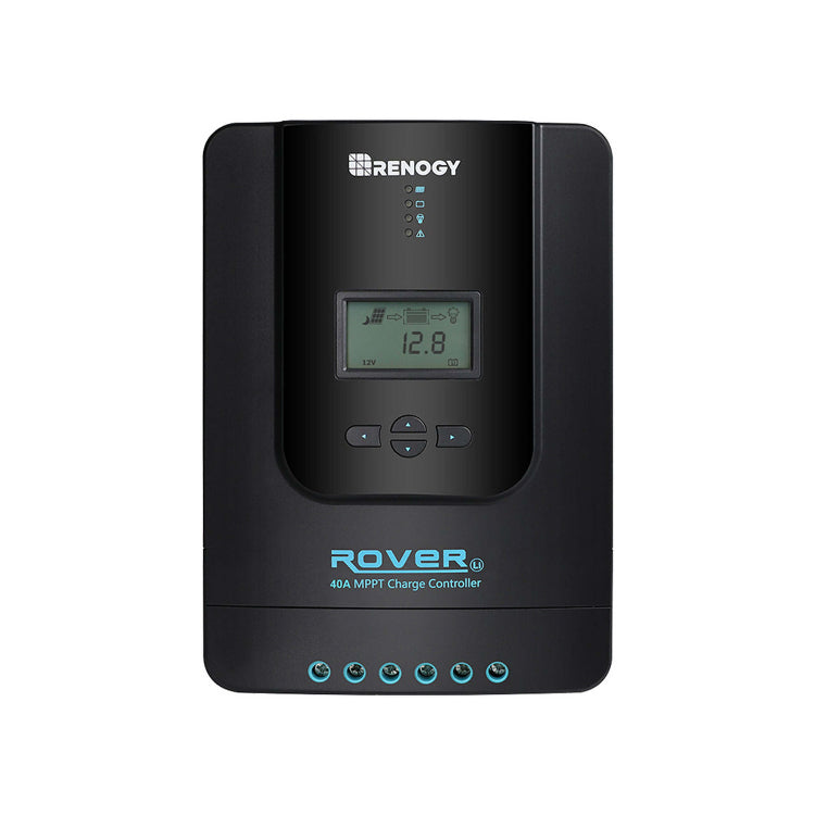 Front-facing image of the Renogy Rover 40A MPPT charge controller with LCD screen displaying voltage. Control buttons and status indicator LEDs are visible on a black rectangular body, on white background.