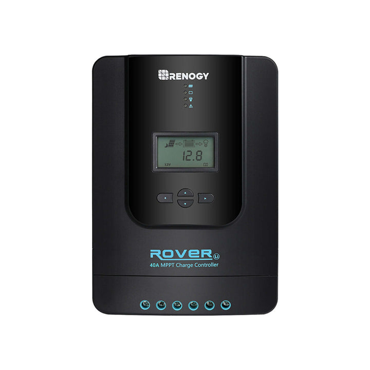 Front-facing image of the Renogy Rover 40A MPPT charge controller with LCD screen displaying voltage. Control buttons and status indicator LEDs are visible on a black rectangular body, on white background.