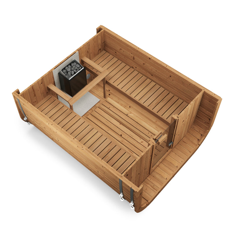 Top-down interior cutaway of the InMedias Sauna Icon 250S exposing the two bench layout, stove placement, and entrance, on a white background.