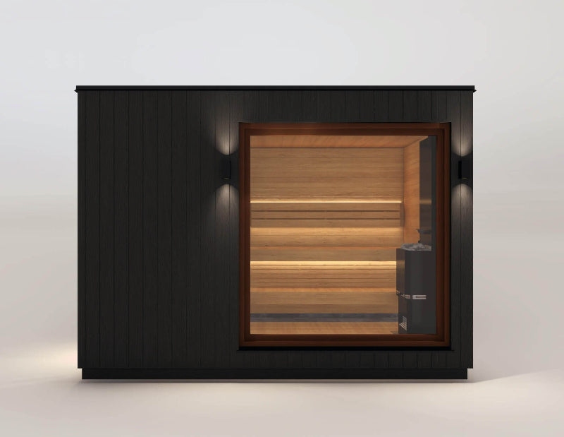 Side view of the Saunum AirCube Double with a large front-facing window revealing tiered bench seating and sauna heater, on a white background.