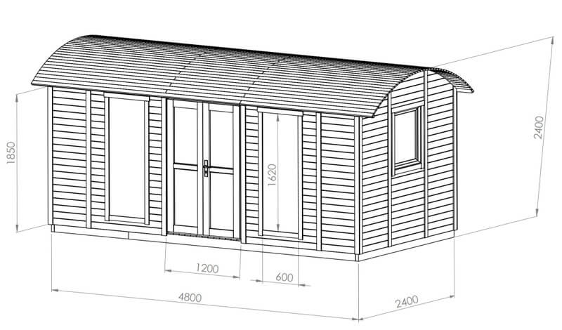 Technical line drawing of the InMedias Modern Shepherd Hut with labeled dimensions on a white background.

