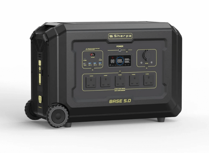 Front-left view of Sherpa Base 5.0 – providing a clear look at both the control panel and input side panel, ideal for demonstrating connectivity options, with white background.