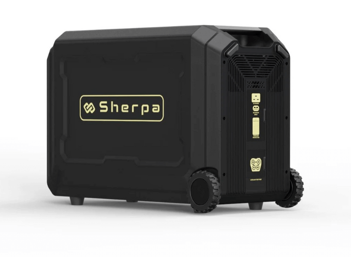 Side view of Sherpa Base 5.0 unit – showcasing the large yellow Sherpa logo, rugged wheel design, and a durable black frame for outdoor and off-grid use, with white background.