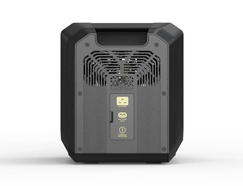 Back view of Sherpa BASE 2.5 power station displaying input labels and overload protection warning, on a white background.

