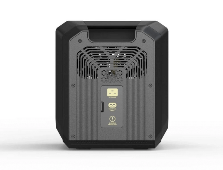 Back view of Sherpa BASE 2.5 power station displaying input labels and overload protection warning, on a white background.

