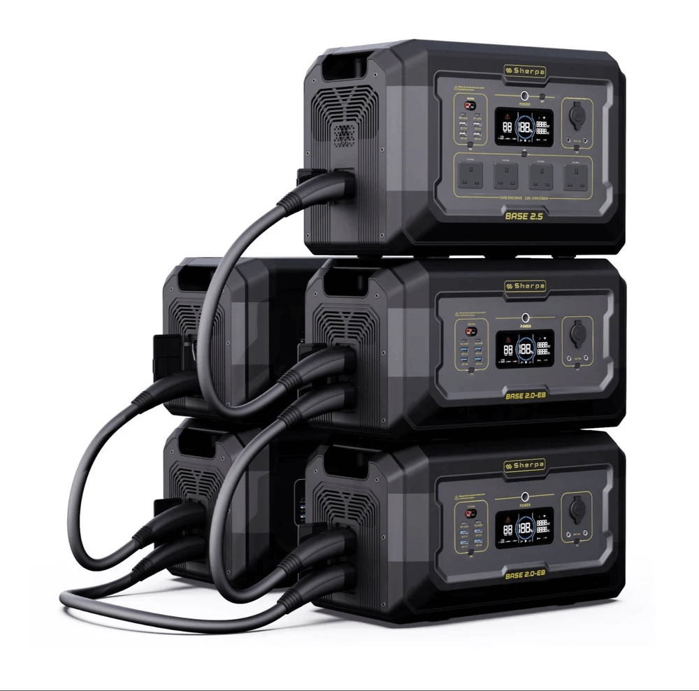 Modular power setup featuring Sherpa BASE 2.5 with three BASE 2.0-EB batteries connected, on a white background.