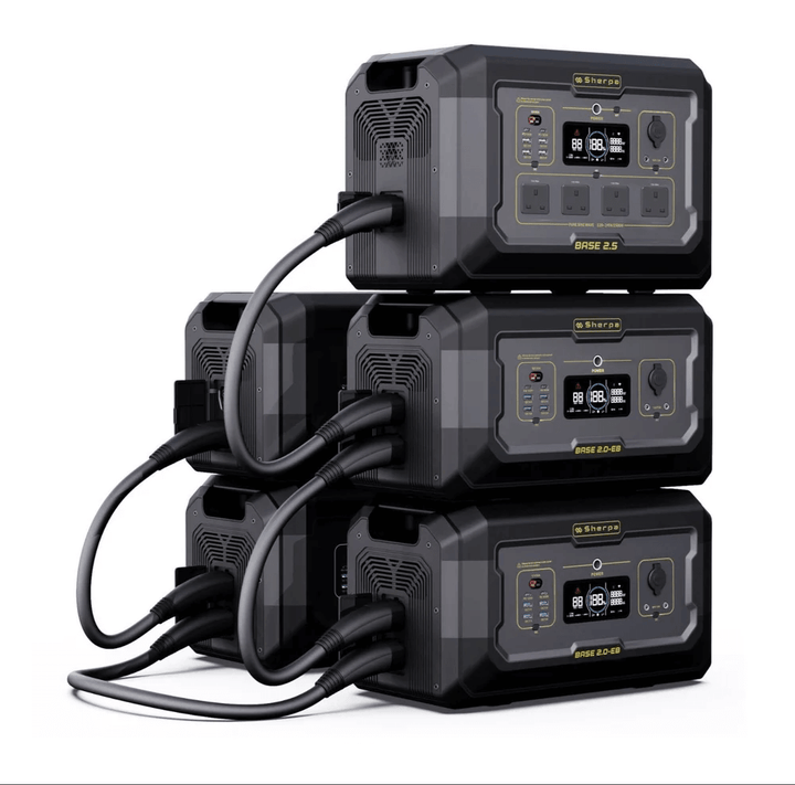Modular power setup featuring Sherpa BASE 2.5 with three BASE 2.0-EB batteries connected, on a white background.