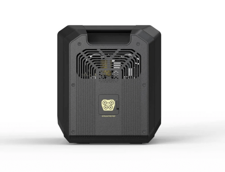 Rear cooling vent and extra battery port of the Sherpa BASE 2.5 portable power station, with white background.