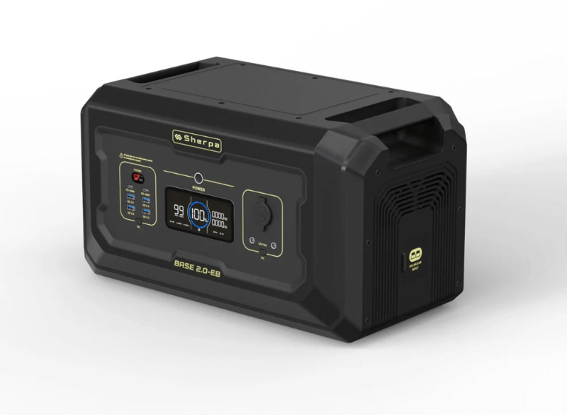 Angled front view of the Sherpa Base 2.0-Extra Battery highlighting the power display, controls, and solar/car input side panel, on a white background.