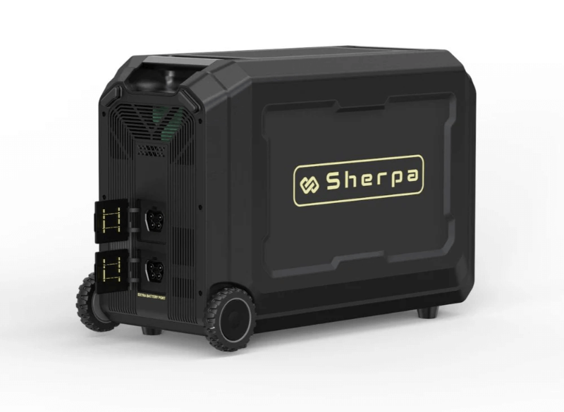 Angled view of the Sherpa BASE 5.0 Extra Battery displaying the rear panel, revealing two uncovered power connection ports labeled as "Extra Battery Port", on a white background.