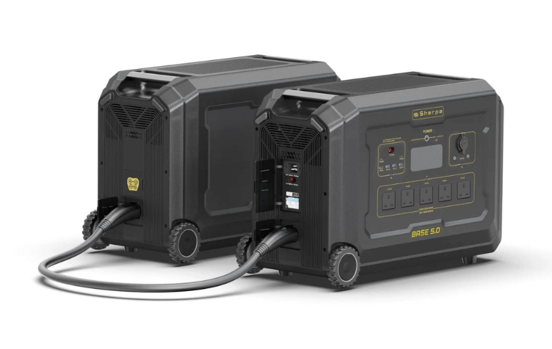 Two Sherpa Base 5.0 units connected – showing a master-slave configuration where one unit controls the other, emphasizing scalable battery system capability.