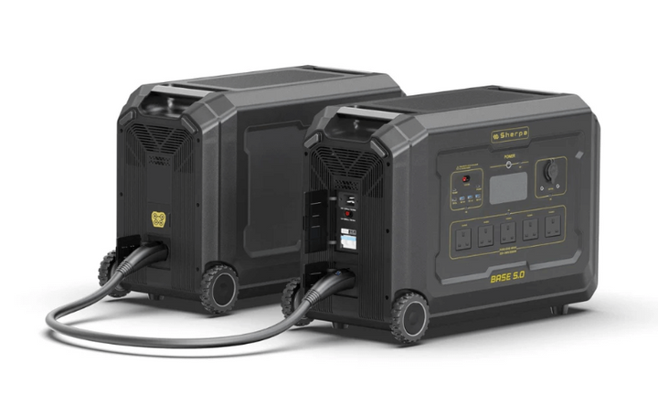 Two Sherpa Base 5.0 units connected – showing a master-slave configuration where one unit controls the other, emphasizing scalable battery system capability.