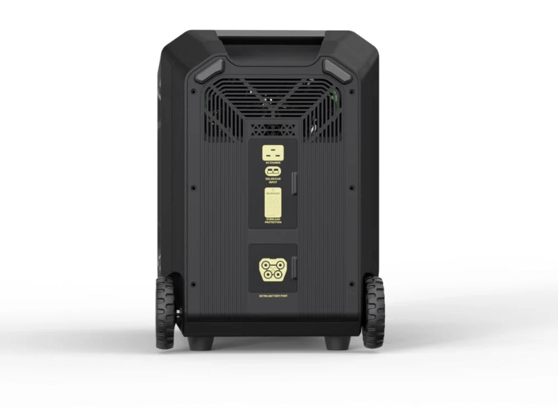 Rear vertical view of Sherpa Base 5.0 – featuring AC charge port, solar/car input, circuit protection label, and an extra battery port, all encased in a ventilated black housing, with white background.
