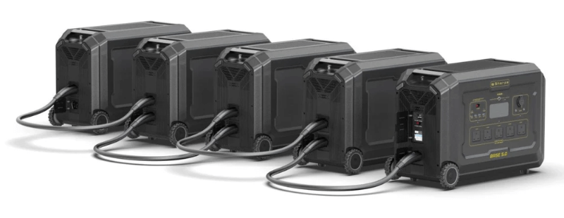 Five Sherpa Base 5.0 units connected in parallel – forming an extended power bank chain with all units linked via thick power cables, ready for large-scale power needs, with white background.