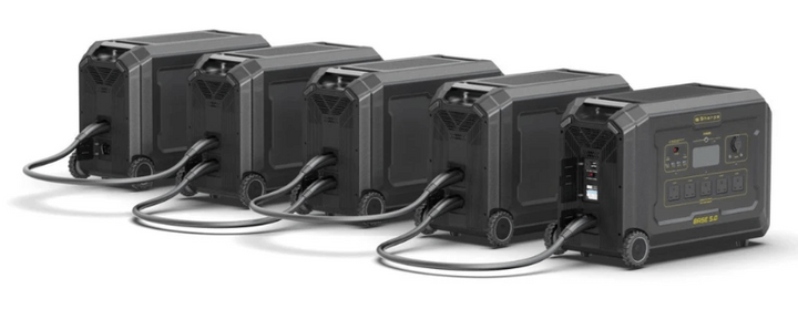 Five Sherpa Base 5.0 units connected in parallel – forming an extended power bank chain with all units linked via thick power cables, ready for large-scale power needs, with white background.