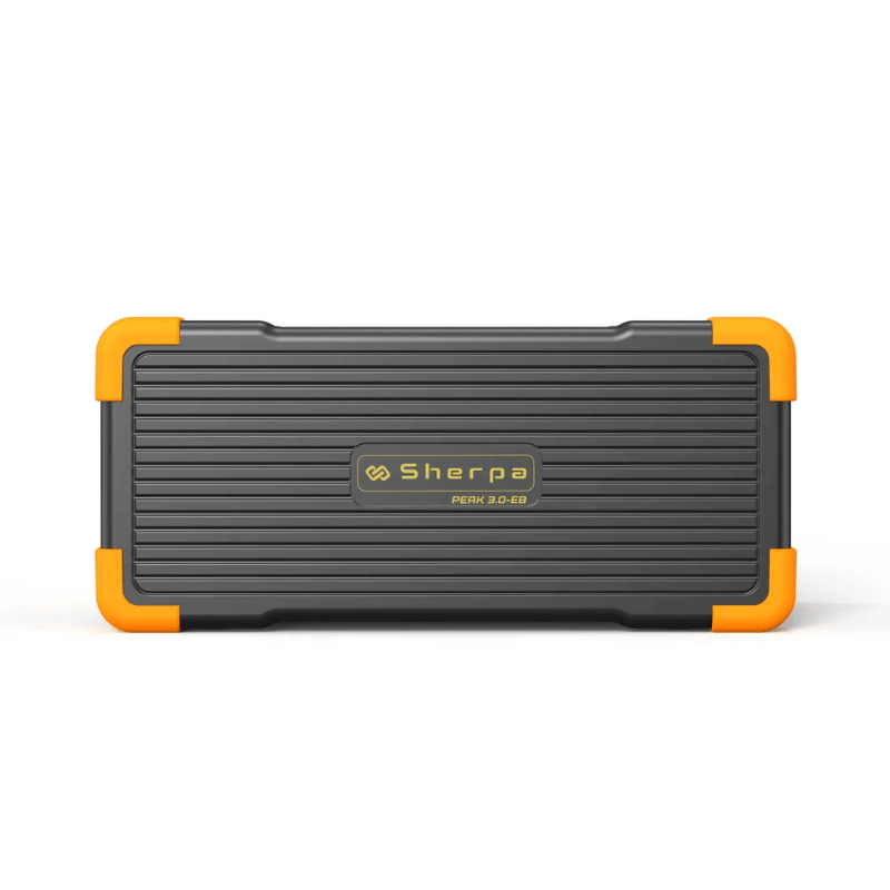 Front view of the Sherpa Peak 3.0 Extra Battery with orange corner guards and ribbed casing, on a white background.