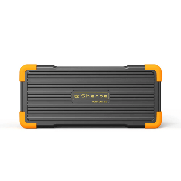 Front view of the Sherpa Peak 3.0 Extra Battery with orange corner guards and ribbed casing, on a white background.