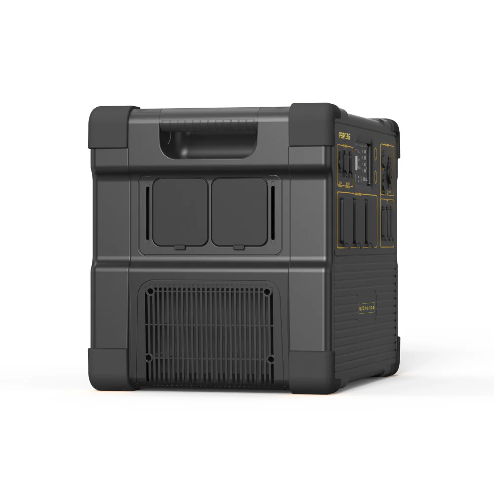 Sherpa PEAK 3.6 rear view showing ventilation fans and battery ports on a white background.