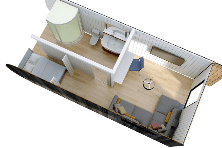 3D top-down view of a compact glamping pod interior with a bed, bathroom, desk area, and sofa, on a transparent background.