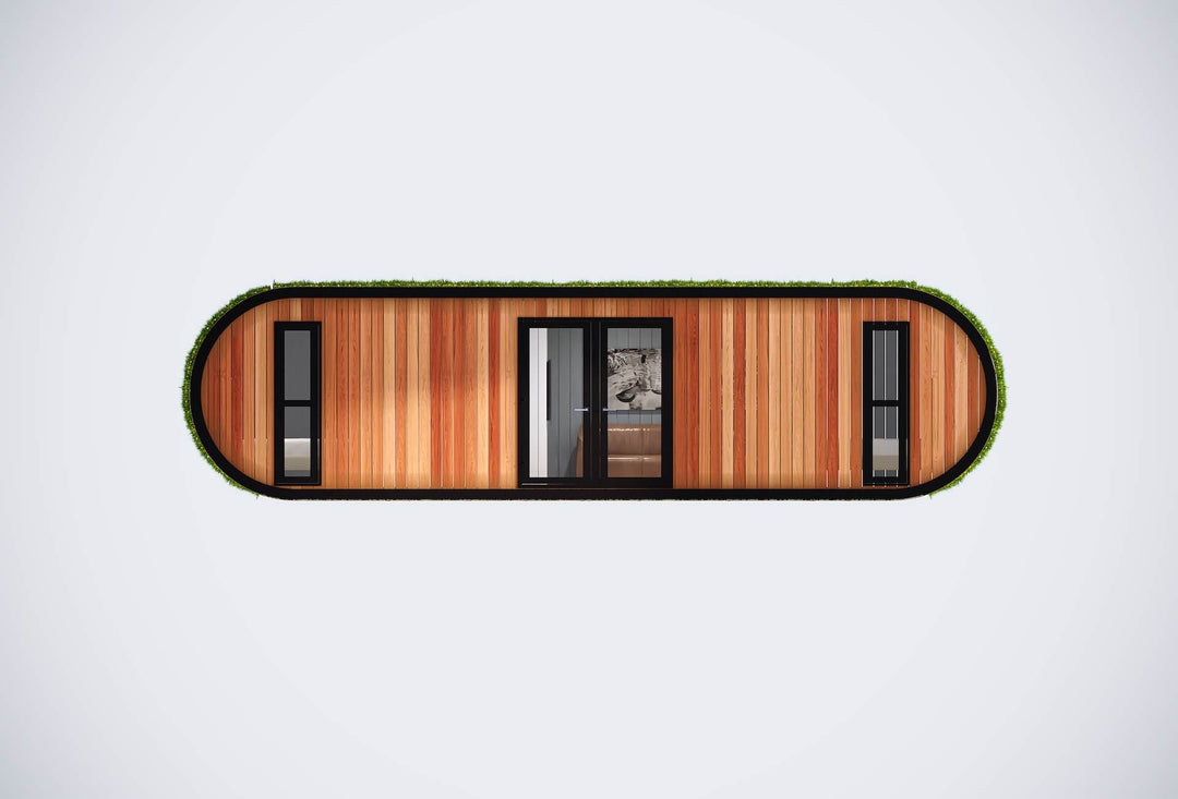 Front of a glamping unit with curved green-covered edges, wooden cladding, and black-framed glass door and windows, on a white background.