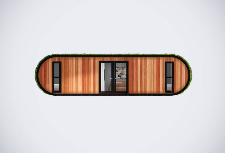 Front of a glamping unit with curved green-covered edges, wooden cladding, and black-framed glass door and windows, on a white background.