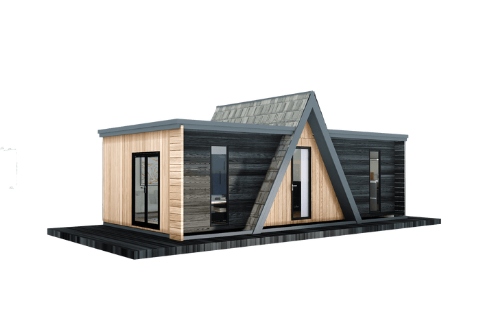 Angled front-left view of an A-frame glamping cabin with flat roof extensions and dark wood cladding, on atransparent background.