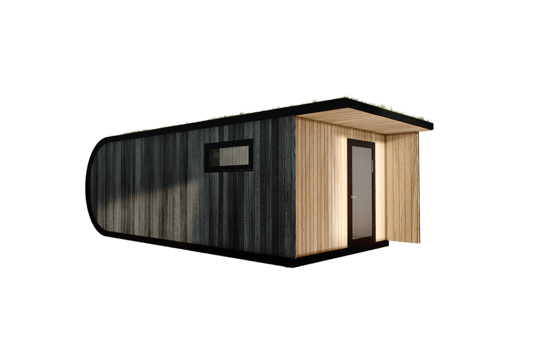 Angled exterior view of a modern glamping pod with black wood cladding, vertical window, and sheltered entrance, on a transparent  background.