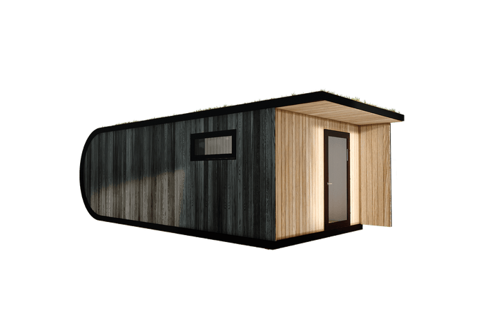 Angled exterior view of a modern glamping pod with black wood cladding, vertical window, and sheltered entrance, on a transparent  background.