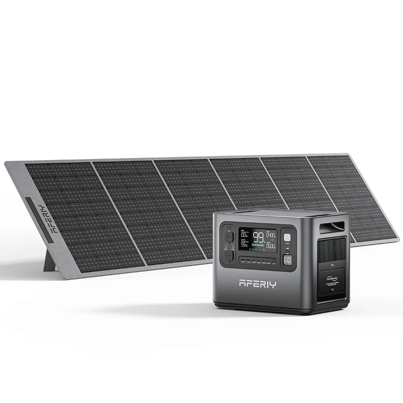 Aferiy P10 2400W Solar Generator Kit on a white background with solar panels unfolded behind the unit.