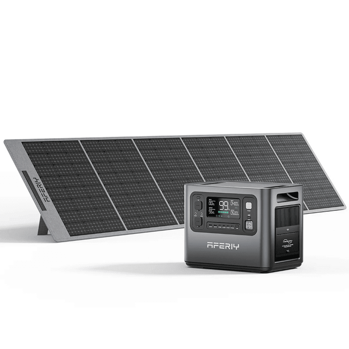 Aferiy P10 2400W Solar Generator Kit on a white background with solar panels unfolded behind the unit.