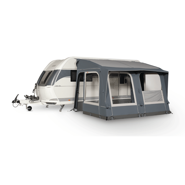 Starcamp Navigator Air 390 attached to a white touring caravan, featuring a dark grey roof, large clear windows, and a spacious enclosed living area on a white background.