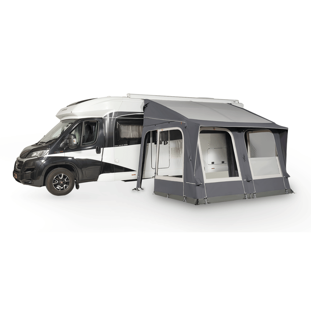 Starcamp Navigator Air 390 attached to a white motorhome, featuring a dark grey canopy, large window panels, and a spacious covered entrance on a white background.