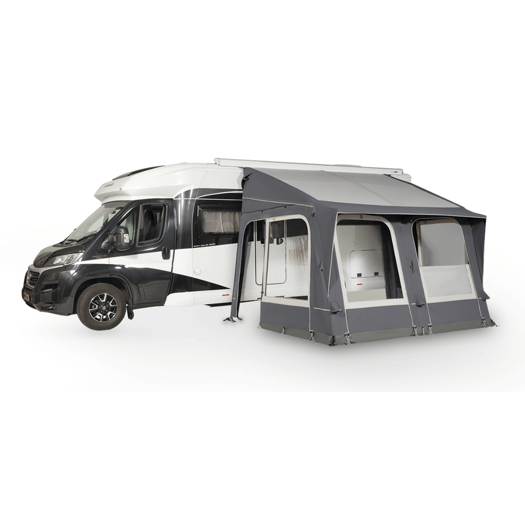Starcamp Navigator Air 390 attached to a white motorhome, featuring a dark grey canopy, large window panels, and a spacious covered entrance on a white background.