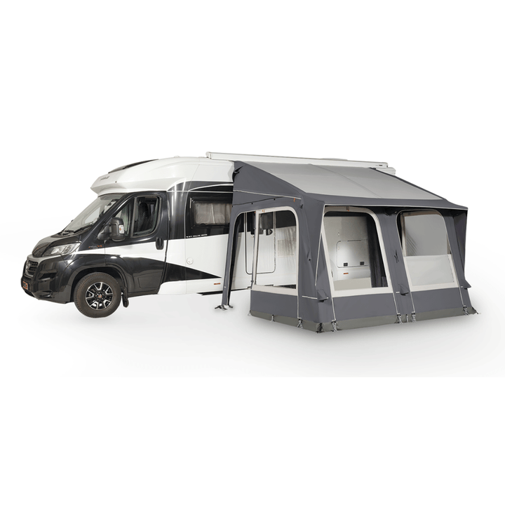 Starcamp Navigator Air 390 attached to a white motorhome, featuring a dark grey canopy, large window panels, and a spacious covered entrance on a white background.