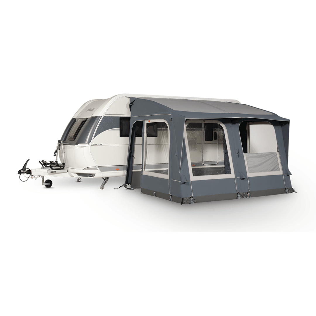 Starcamp Navigator 330 attached to a white touring caravan, featuring grey fabric panels, panoramic windows, and an adjustable front window section on a white background.