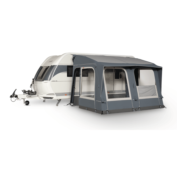 Starcamp Navigator 330 attached to a white touring caravan, featuring grey fabric panels, panoramic windows, and an adjustable front window section on a white background.