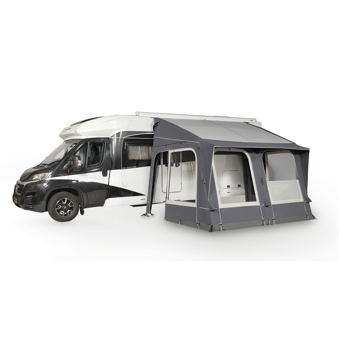 Starcamp Navigator 330  attached to a white motorhome, featuring a dark grey canopy, large clear windows, and a spacious covered entrance on a white background.