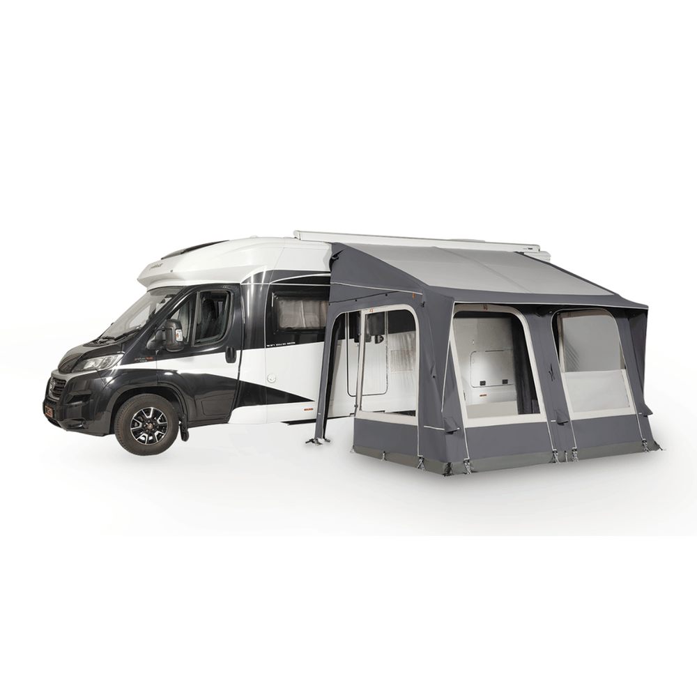 Dorema Starcamp Navigator Air 260  attached to a white motorhome, featuring a dark grey canopy, large window panels, and a spacious enclosed living area on a white background.