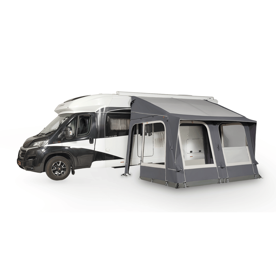 Dorema Starcamp Navigator Air 260  attached to a white motorhome, featuring a dark grey canopy, large window panels, and a spacious enclosed living area on a white background.
