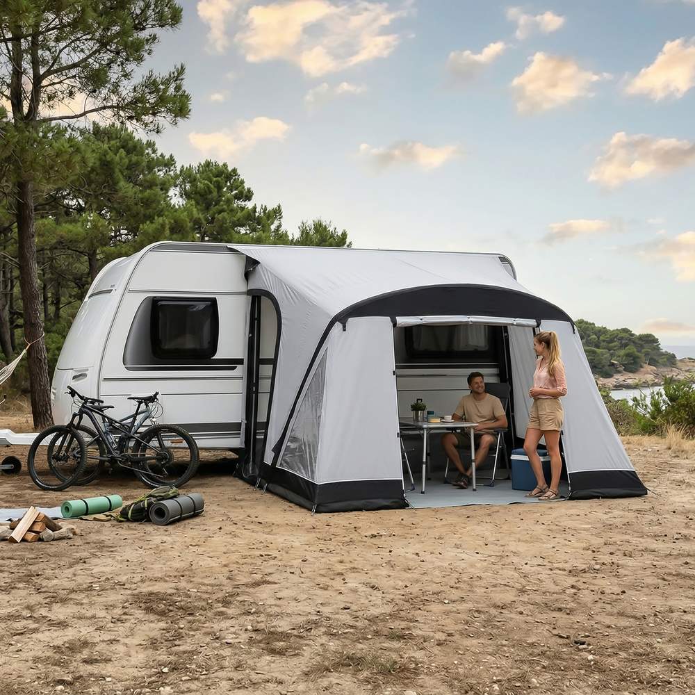 Starcamp Quick’n Easy MHA Air inflatable caravan awning pitched on a coastal campsite