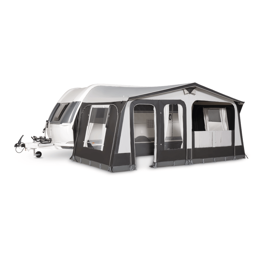A black and white caravan awning tent attached to a white caravan, shown on a plain white background.