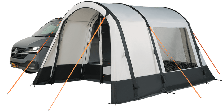 Starcamp Voyager Air awning attached to a grey campervan on a transparent background, showcasing an open arched entrance, white fabric panels, black trim, and large tinted windows.