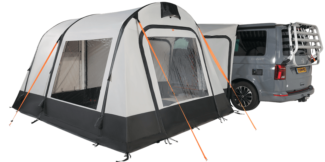 Rear view of the Starcamp Voyager Air awning attached to a grey campervan on a transparent background, highlighting its large windows, arched structure, and orange guy lines.