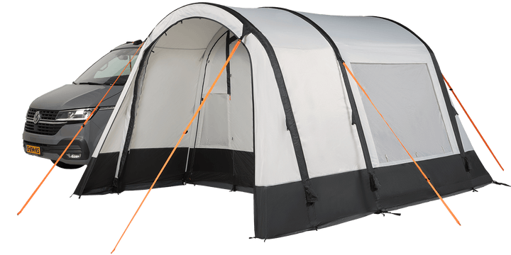 Starcamp Voyager awning attached to a grey campervan on a transparent background, featuring an open front entrance, spacious interior, large side windows, and orange guy lines.