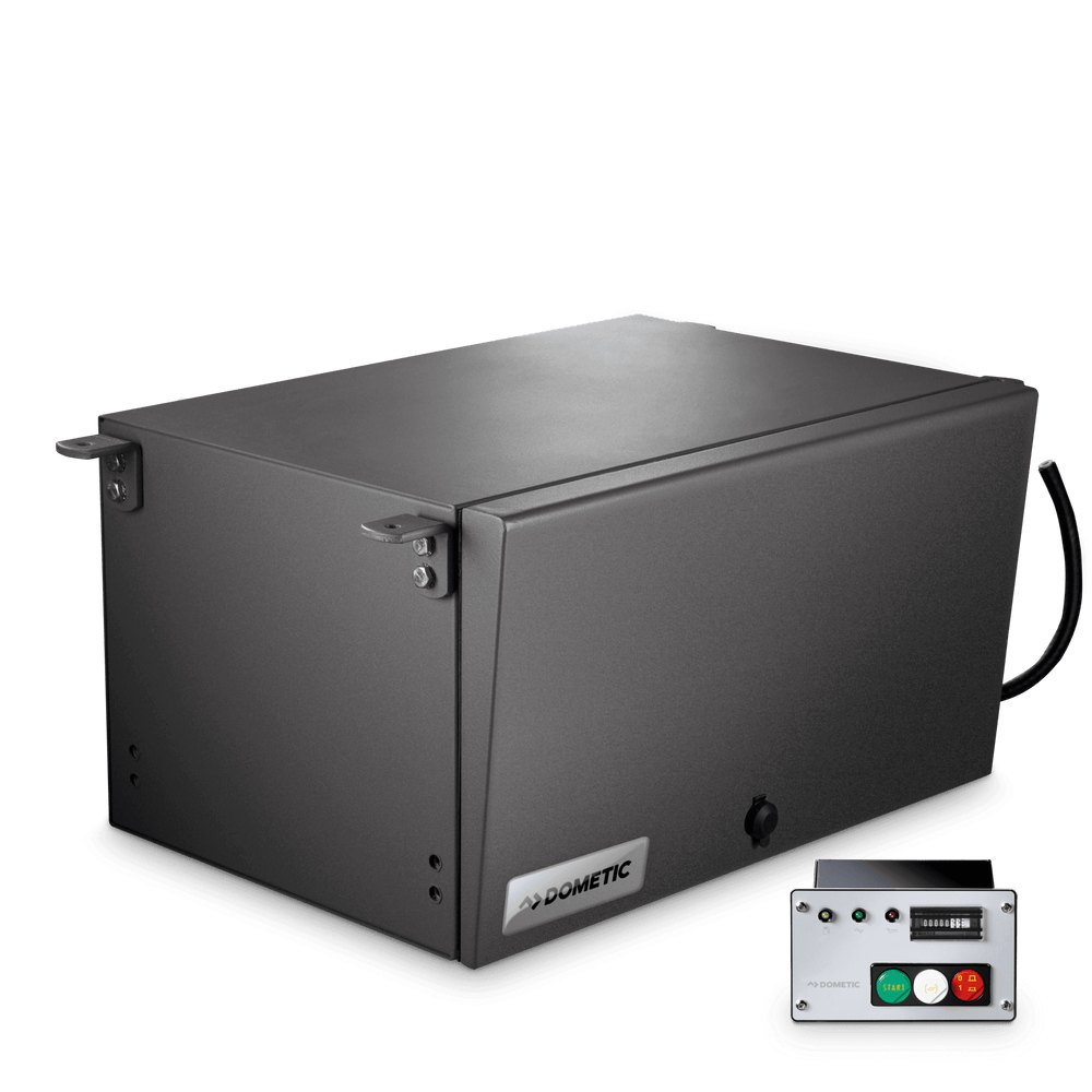 Perspective view of the Dometic T 2500H petrol generator with the full unit closed and its control panel shown as an inset. The main generator box has a gray matte finish with corner mounts, while the inset displays control buttons and meter, on a transparent background.