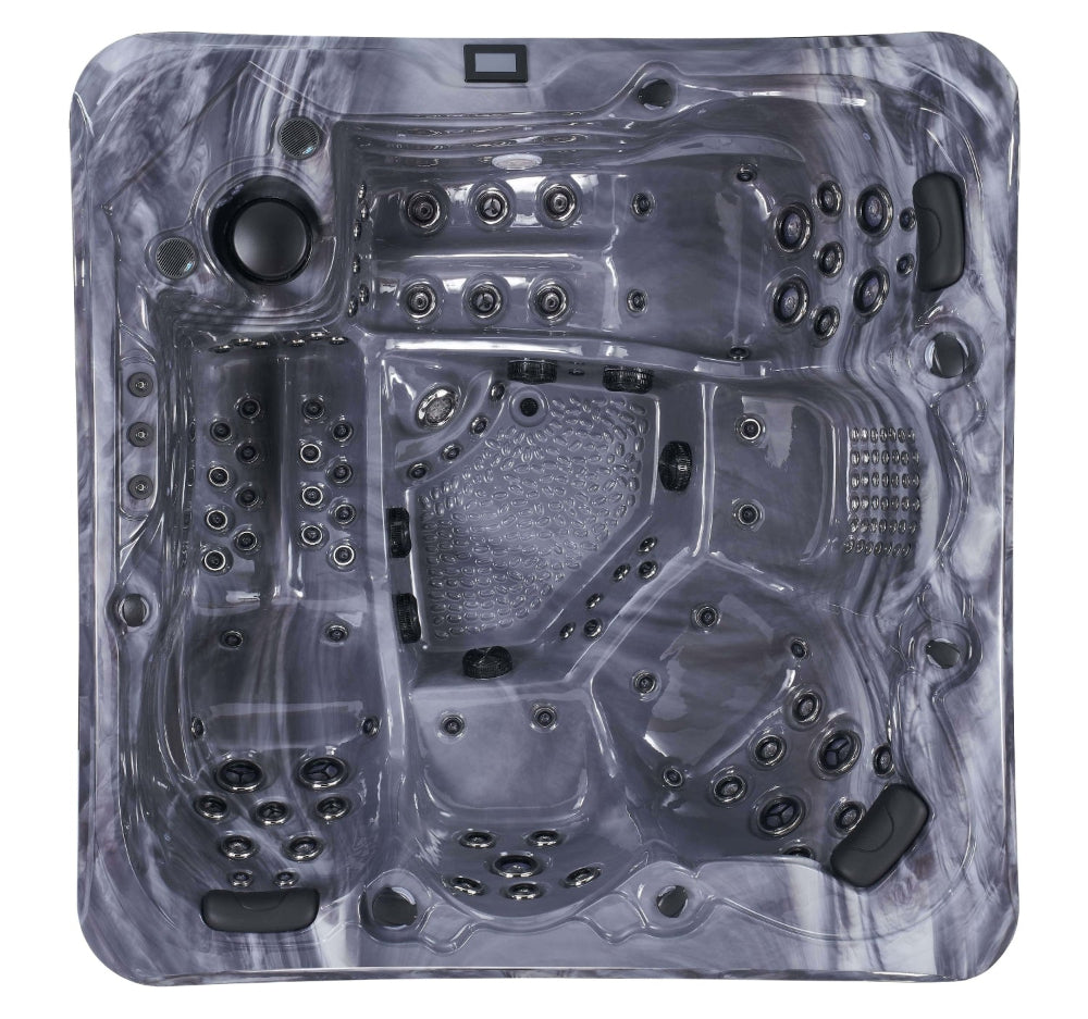Top‑down view of grey marble Luso Spas The Hercules Hot Tub with multiple massage seats and jets, on a white background